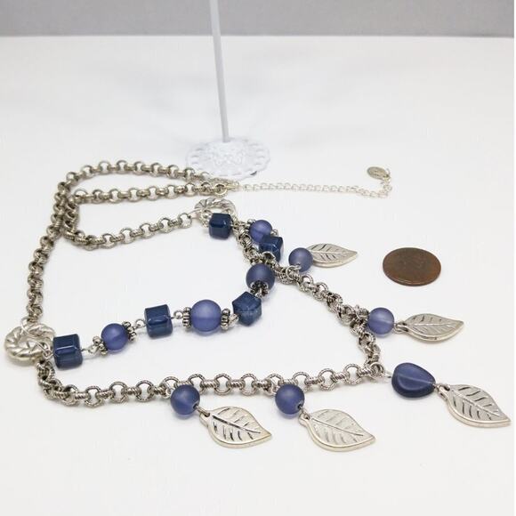 Robert Rose Blue Silver Leaf Necklace & Earrings Set, 21 Inches, 1 3/4 Inches - Picture 2 of 8